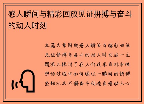 感人瞬间与精彩回放见证拼搏与奋斗的动人时刻