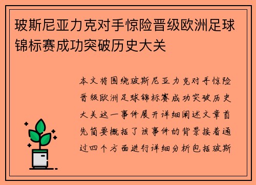 玻斯尼亚力克对手惊险晋级欧洲足球锦标赛成功突破历史大关