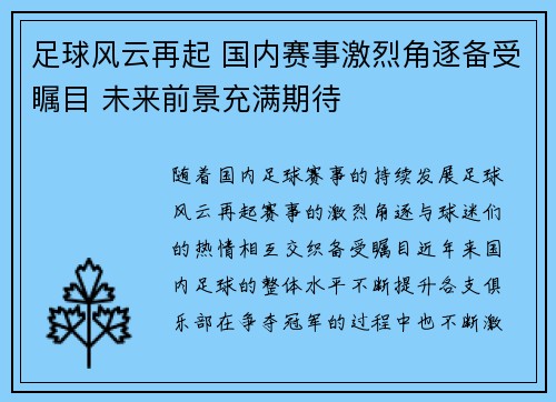 足球风云再起 国内赛事激烈角逐备受瞩目 未来前景充满期待