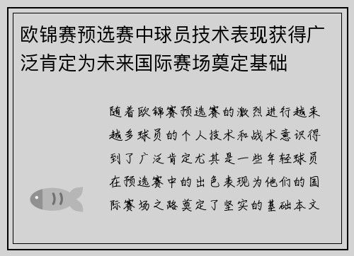 欧锦赛预选赛中球员技术表现获得广泛肯定为未来国际赛场奠定基础