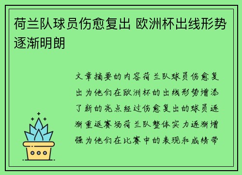 荷兰队球员伤愈复出 欧洲杯出线形势逐渐明朗